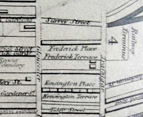 Detail, 1842 Reform map, Gloucester Rd - Trafalgar St, area with possible Trafalgar House. Image courtesy of the Royal Pavilion, Libraries and Museums, Brighton and Hove