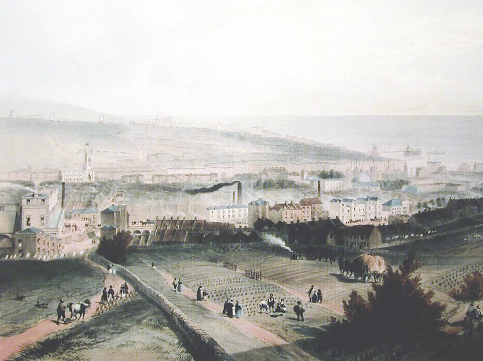 View east over the North Laine with Over Street to the foreground left of centre. Painting: View of Brighton, from Hudson’s Mill, sketched by R. H. Nibbs, drawn by C. Childs. Image courtesy of Henry Smith Esq