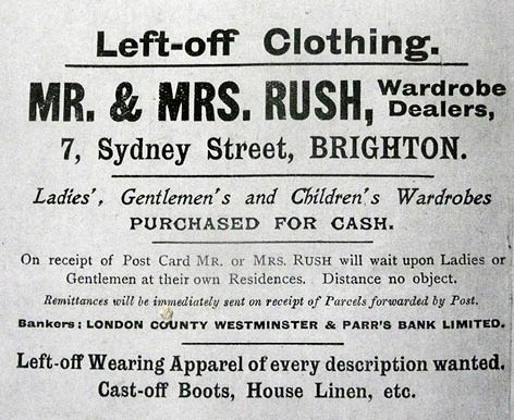 Advert for Rush Wardrobe Dealers Left-off Clothing. Source, Kelly’s Directory 1921-22. Image courtesy of the Royal Pavilion, Libraries and Museums, Brighton and Hove