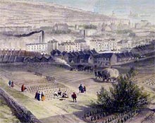 Detail of print 'View of Brighton', showing workers in the fields above Brighton and a view across the town with the Chain Pier in the background.
