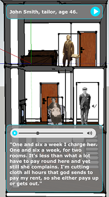 Screen capture of the VisAge v1 application, showing images of people inside a cut-away view of the inside of a house
